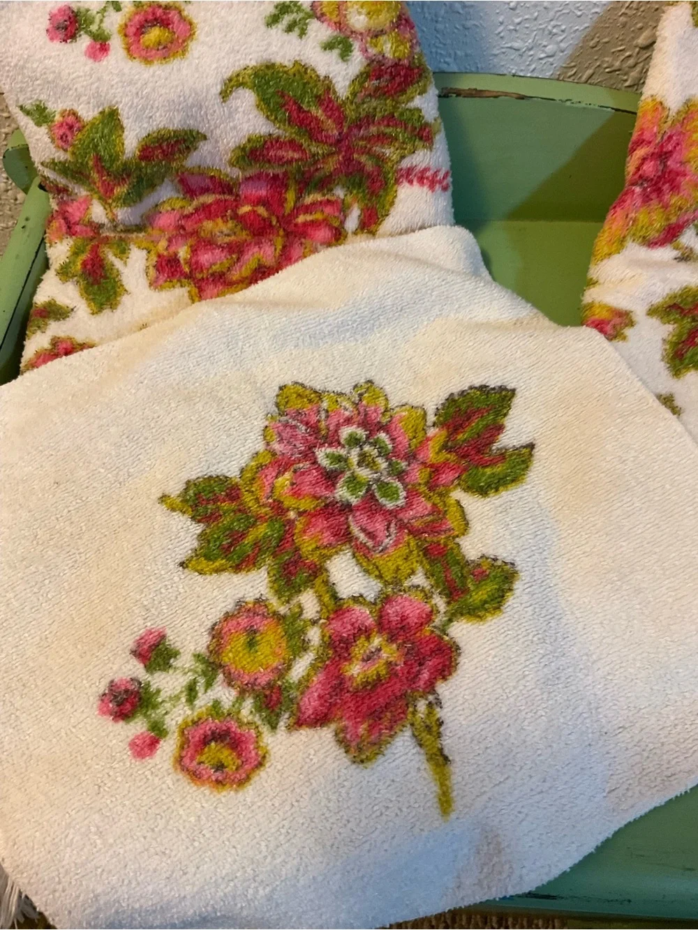 Vintage Cannon Style Pink & Green Floral Towels & Hand Towel